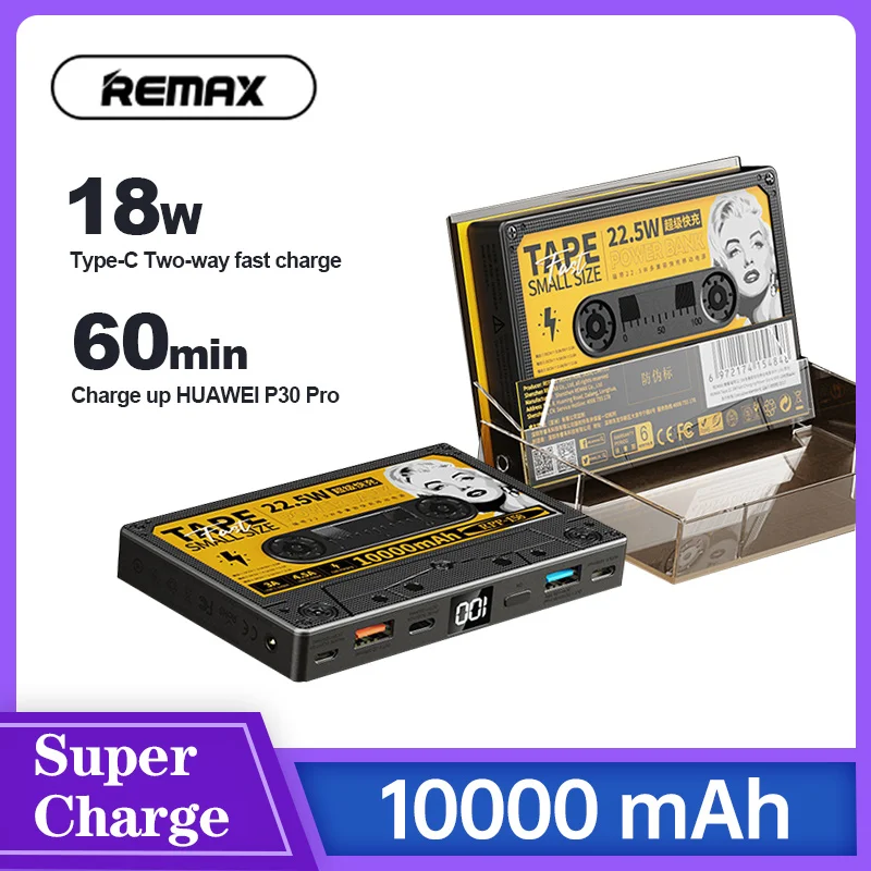 Remax Power Bank 10000mAh 22.5W Fast Charge Retro Tape Appearance Portable Mobile Battery Led Flashlight внешний аккумулятор |