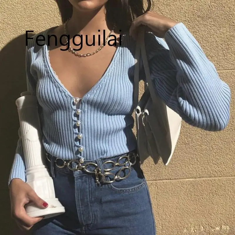 FENGGUILAI Fashion Autumn V-Neck Long Sleeve Pearl Knitted Sweater Women Sexy Vintage Solid Knitwear Sweater Slim Streetwear FENGGUILAI Fashion Autumn V-Neck Long Sleeve Pearl Knitted Sweater Women Sexy Vintage Solid Knitwear Sweater Slim Streetwear