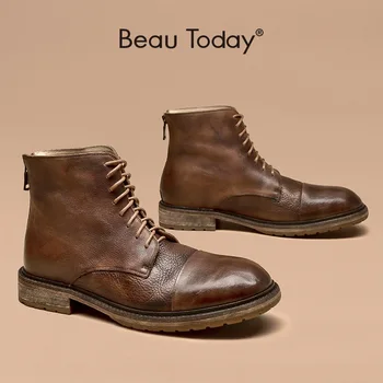 

Derby Men Boots Ankle Length Genuine Cow Leather Round Toe Casual Patchwork Lace-Up Shoes with Back Zip Handmade BeauToday 54106