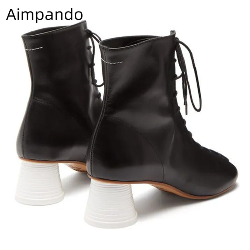 

Real Leather Boots Woman Cross Lace Up French Botines Square Toe Strange Round Heel Bottes 2020 New Coming Slim Ankle Boots