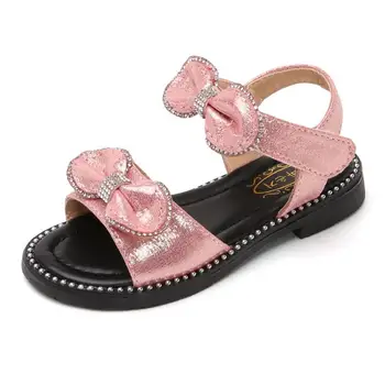 

Girls Summer Shoes Gold Pink Children Sandals Leather Princess Shoes Fashion Bow Flowers Little Girls Sandals Soft Kids Flats
