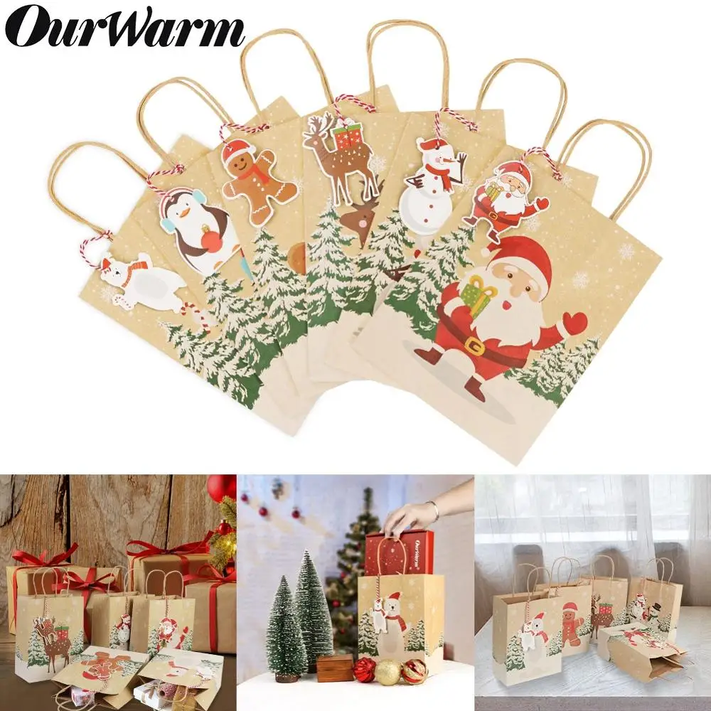 Ourwarm 6pcs Christmas Gift Bags Kraft Paper Box With Handle Birthday