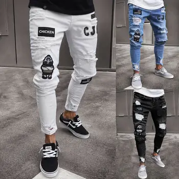 

Autumn New Fashion Men Stretchy Ripped Skinny Biker Embroidery Print Jeans Destroyed Hole Taped Slim Fit Denim Scratched Jeans
