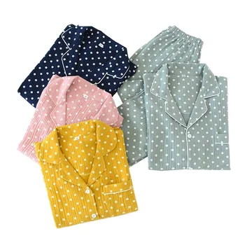 

Spring And Autumn New Men And Women Lovers Pajamas Set Dot Printed Simple Style Turn-Down Collar Sleepweear Full Cotton Homewear