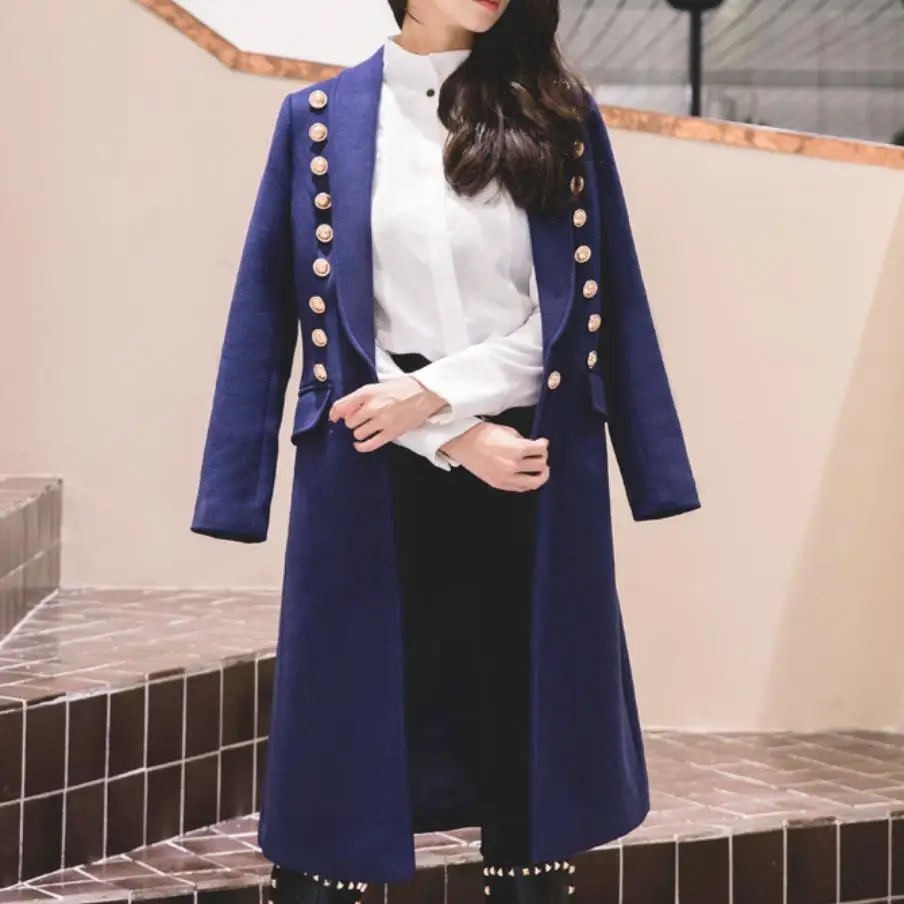 

2019 Women Long double breasted woolen coat Fashion Vintage v-neck slim Classic Work wool blends Coat