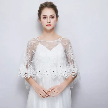 

Charming Lace White Wrap Shawl Wedding Bridal High Low Short Cape Rhinestone Beaded Cover Up Women Summer Sheer Jacket Handmade