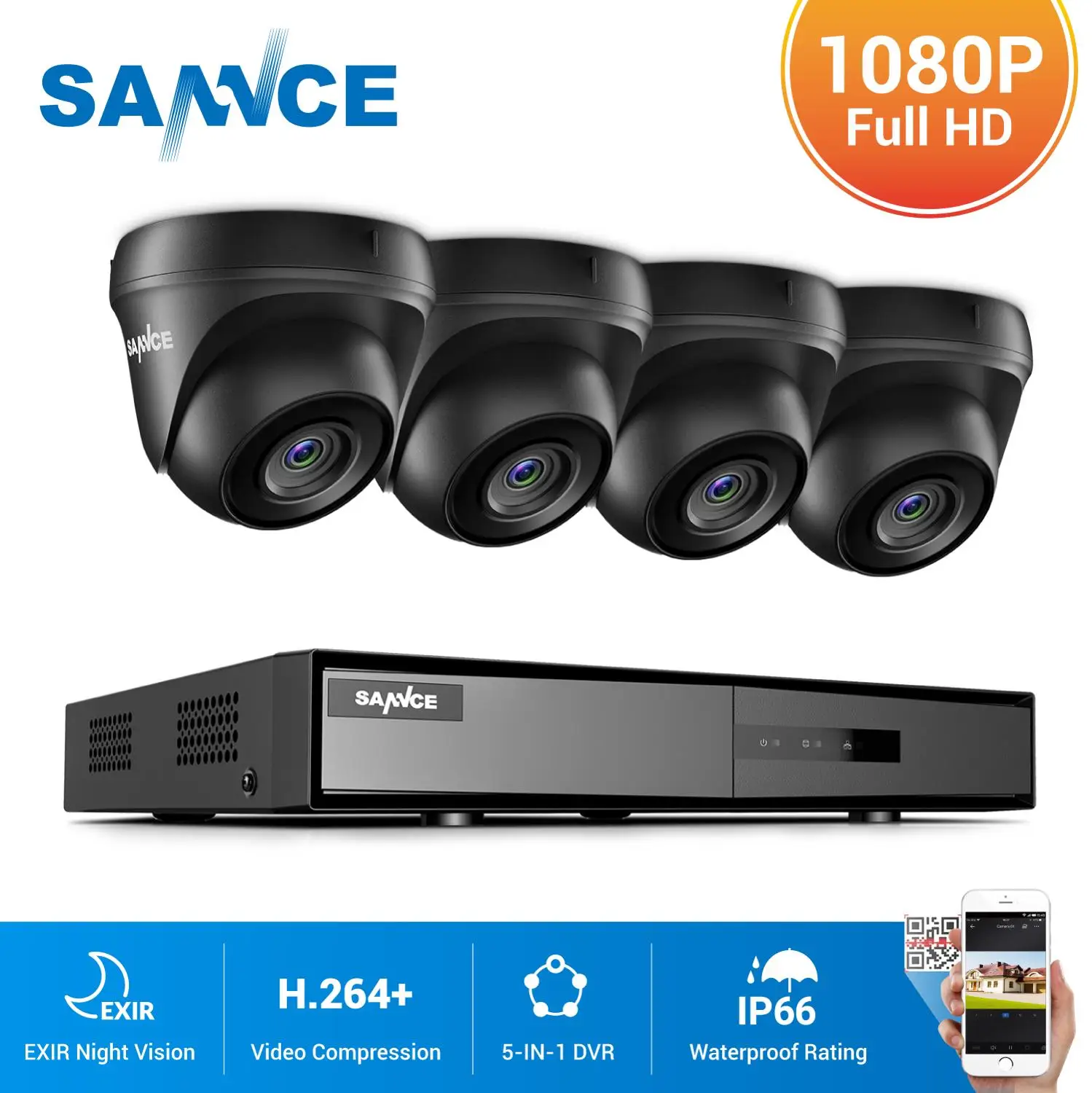 SANNCE 4CH 1080P Lite видео система безопасности 5в1 1080N DVR с 2X 4X наружные водонепроницаемые