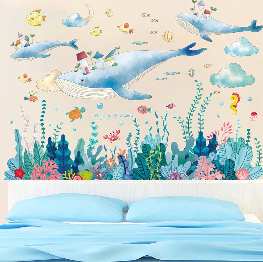 

[shijuekongjian] Whales Clouds Wall Stickers DIY Fish Seagrass Wall Decals for House Kids Rooms Baby Bedroom Decoration