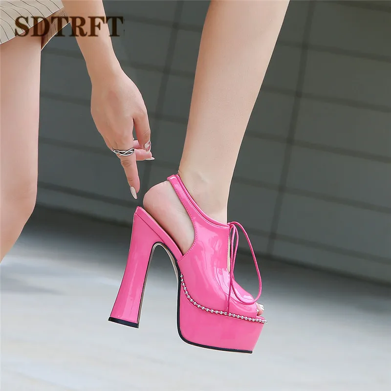 

SDTRFT Women Shoes Crossdresser Pumps 14cm Thick High Heel Sandals Pink Red Gladiator Slingback Stiletto Unisex zapatos mujer