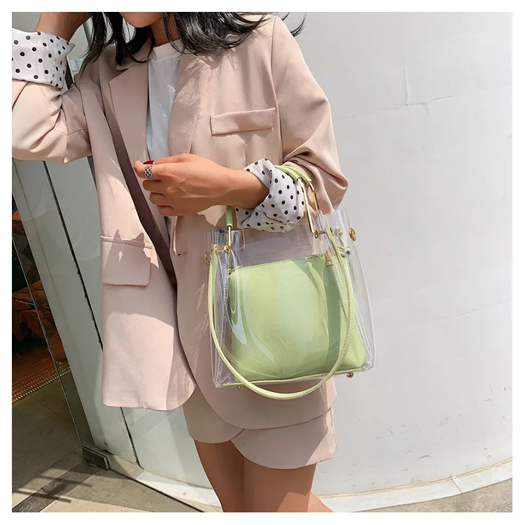 

JIULIN 2019 summer small fresh transparent handbag jelly bag oblique satchel bag large capacity bucket bag