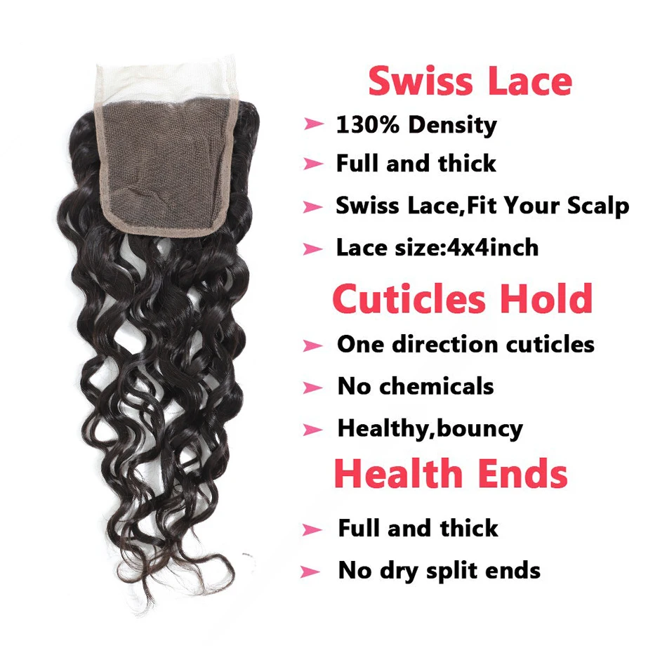 Liddy Bundles With Closure Peruvian Water Wave Hair Bundles With Closure 100% Human Hair Natural Color Non-remy Hair Extensions
