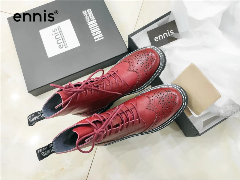 ENNIS Brand Ankle Martin Boots Women Brogue Shoes Lace Up Genuine Leather Platform Boots Fashion Autumn Winter Boots A9365