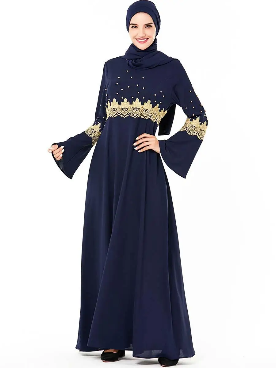 Вышивка abaya бисер Платье макси с длинным рукавом Женщины мусульманский кафтан арабский Jilbab платье Винтаж с расклешенными рукавами свободный халат Мода