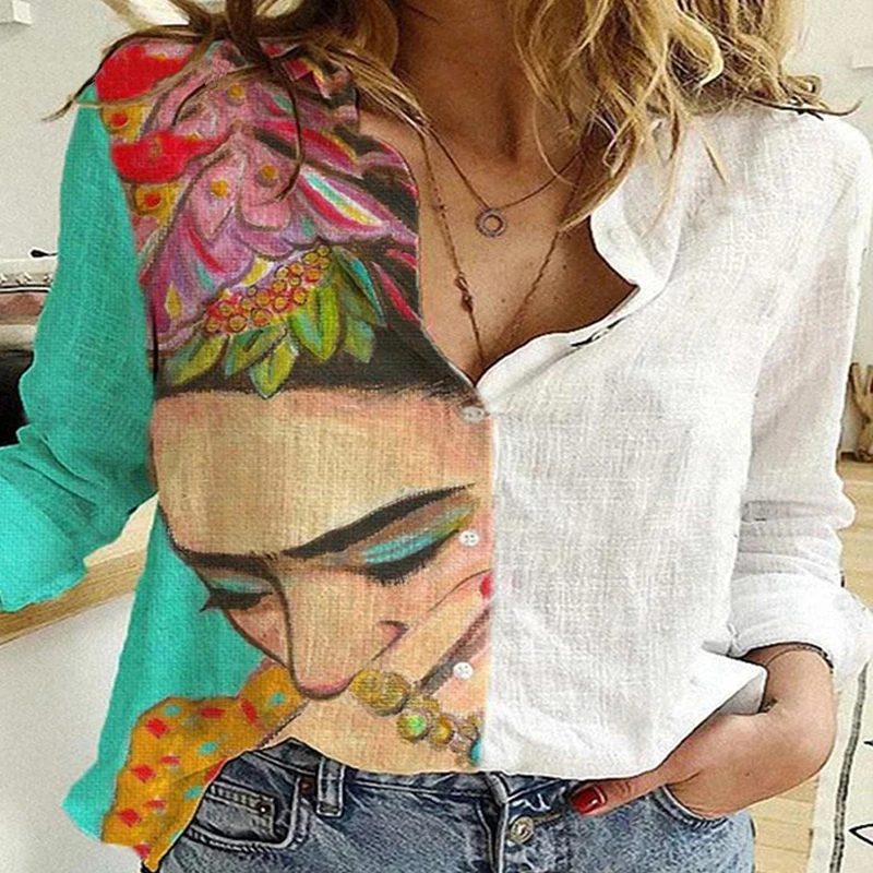 Camiseta de manga larga con botones para mujer, Blusa holgada informal Vintage de otoño para oficina, camisa de talla grande 5XL con estampado Floral