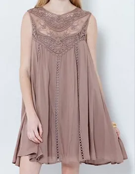 

Chiffon Patchwork Lace O-Neck Sleeveless Women Dress 2020 New Hollow Out Design Casual Solid Loose Summer Mini Dresses Vestidos
