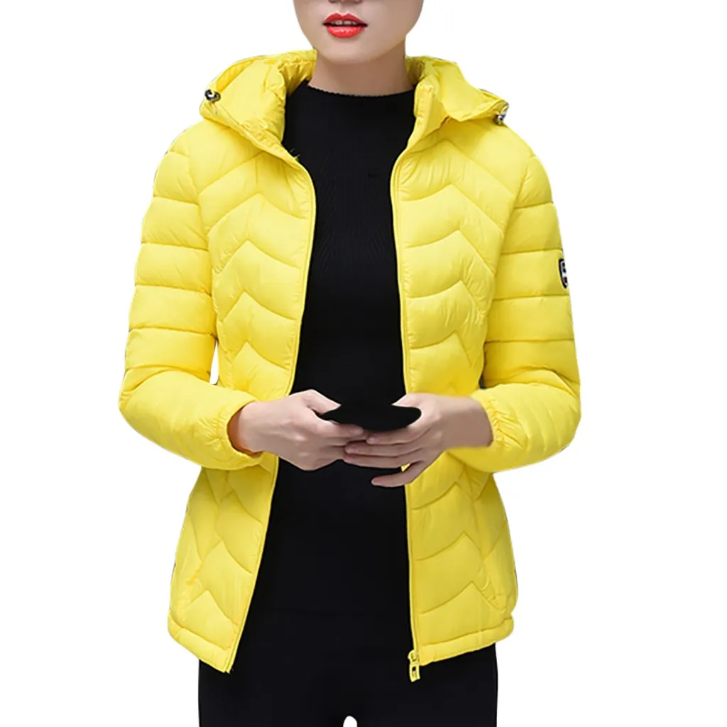 Пуховики, модная женская верхняя одежда, топы с длинными рукавами, однотонные куртки с капюшоном, пальто с хлопковой подкладкой, пальто и куртки, Прямая - Цвет: Цвет: желтый