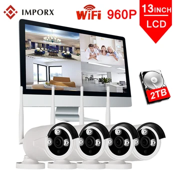 

IMPORX 4CH 960P Wireless NVR Kits 13' LCD Display Monitor Outdoor Security IP Camera video Surveillance Wifi CCTV Camera System