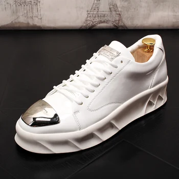 

Sapatillas Hombre New Fashion Steel Toe Men Driving Shoes Platform Casual Sneakers Genuine Leather White Men Flats 2.5