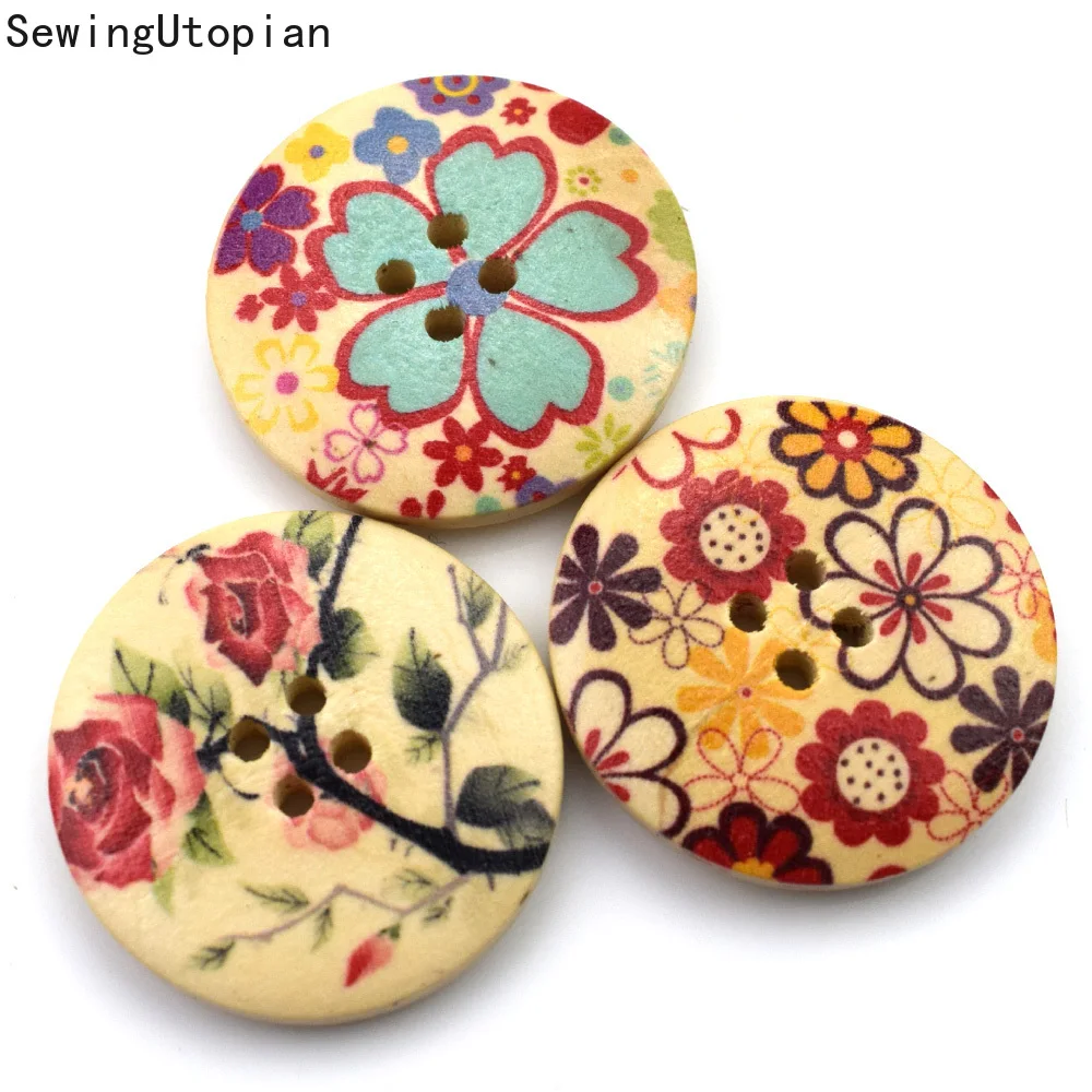 

20PCS 30MM Mix Mixed Round Flower Wooden Buttons Flatback Cabochon Scrapbooking Crafts Wood Knopf Bouton Decor Diy Accessories