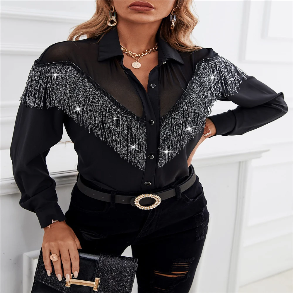 Women's FashionTemperament Commuter Black Single-breasted Pullover Long Sleeve Tassel Solid Color Shirt Ladies Top For New Year | Женская