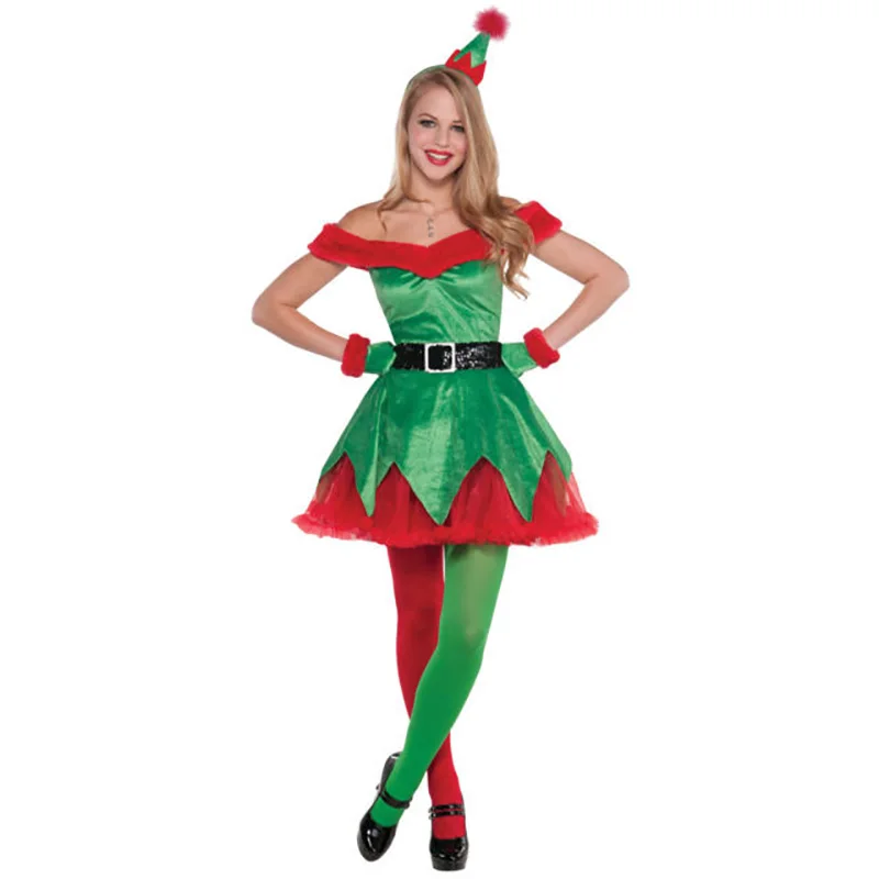 Рождественская елка Санта маленький помощник костюм женщины эльф Рождество Хэллоуин косплей Цирк Клоун мини платье шляпа пояс перчатки Набор фестиваль