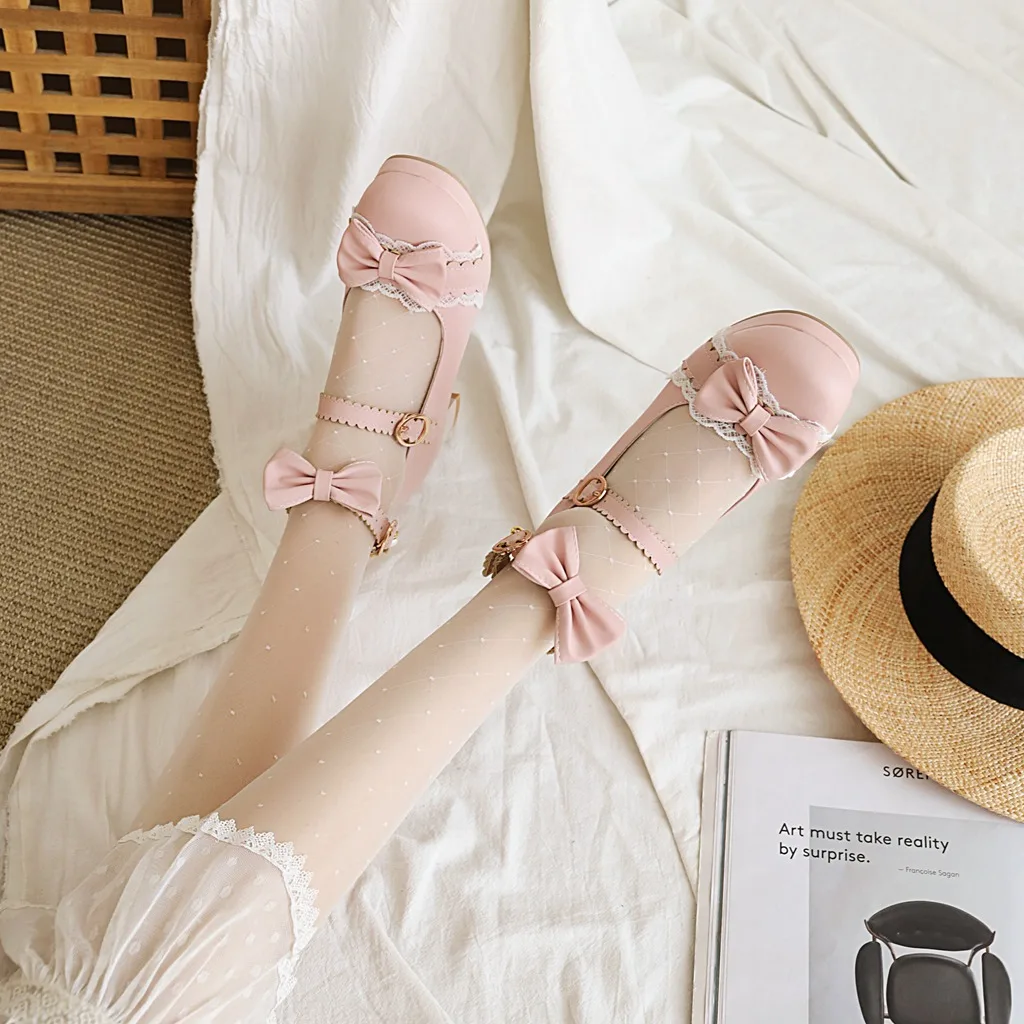 Lolita Girls Mary Janes Shoes Bowknot Princess Ruffles Japan Sweet Bride Wedding Party Dress Pumps Cosplay Pink Plus Size 34-48