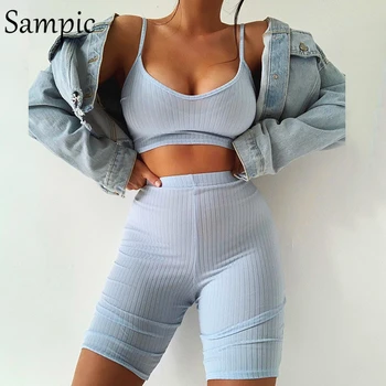 

Sampic Sexy Summer Casual Women Sets Outfits Khaki Black Spaghetti Strap Crop Top And Biker Shorts Two Pieces Set Tracksuit