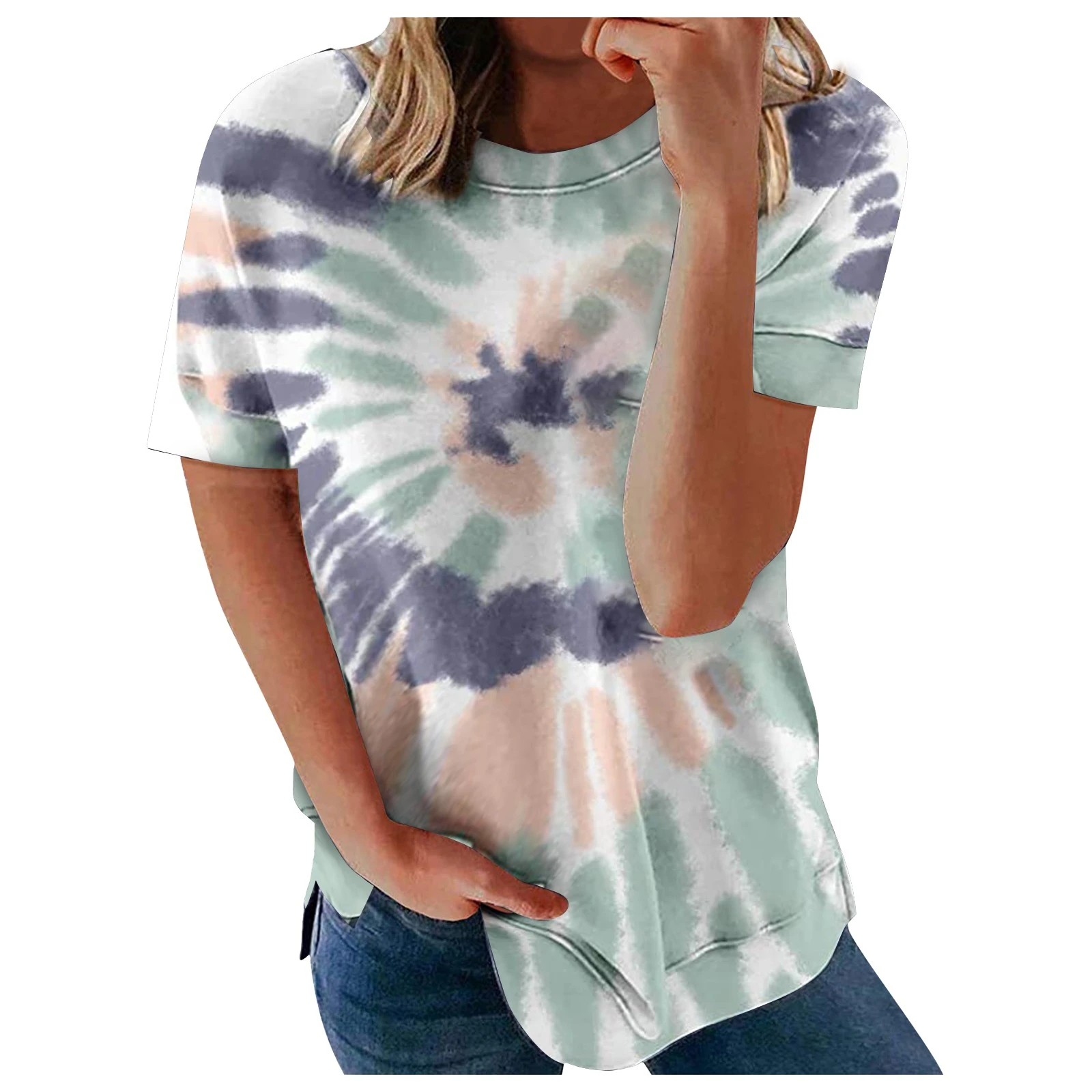 Women Round Neck Christmas Gradient Tie Dye Print T-Shirt Novelty Splicing Blouse Top