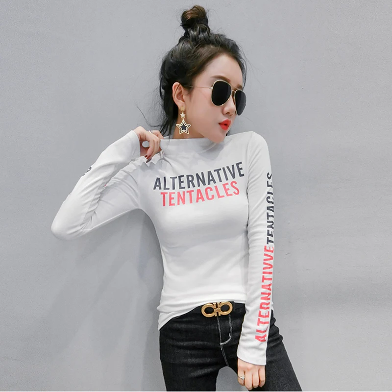 Белый GGRIGHT Poleras Mujer De Moda Водолазка женская футболка с длинным рукавом женская одежда корейский стиль Футболка женская футболка Femme - Цвет: Белый
