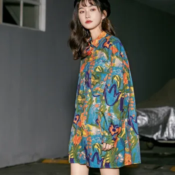 

iMucci 2020 New Spring Summer Blouses Long Sleeve Loose Big Size Turn-down Collar Vintage Printing Women Shirt Tide TM1327