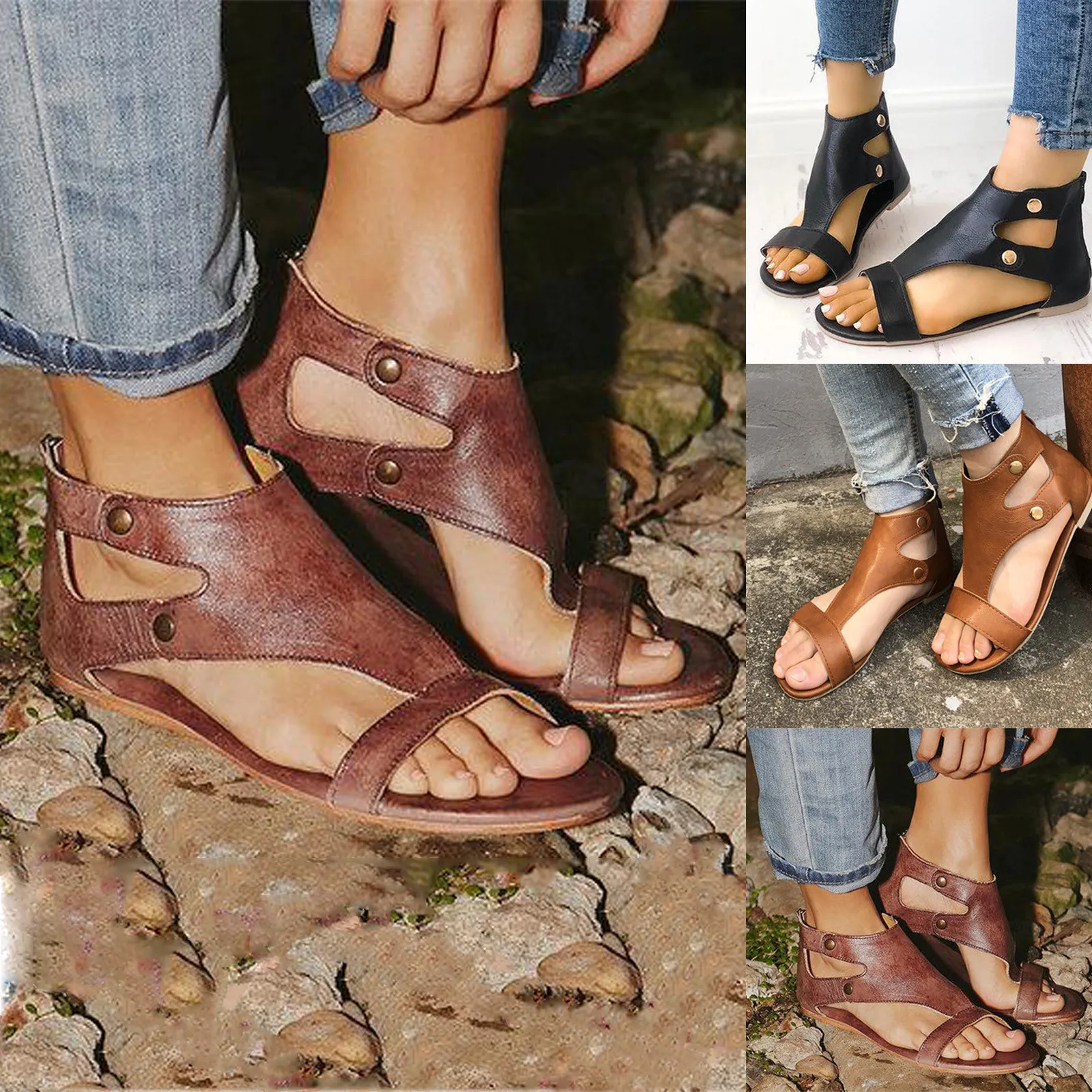 considerado gráfico combinar Sandalias planas romanas de cuero para Mujer, zapatos vulcanizados de Punta  abierta, Estilo Vintage, para verano, 2021 - AliExpress Calzado