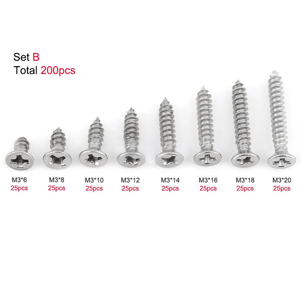 

Screws Set M3*6/8/10/12/14/16/18/20mm 304 Stainless Steel Pan Flat Self-Tapping Screw
