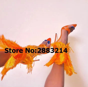 

Orange White Feather Fur Ankle Wrap Clip Toe Lady Sandals Sexy T-stage Catwork Woman Thin Heels Sandals Pumps Euro Size 34-43