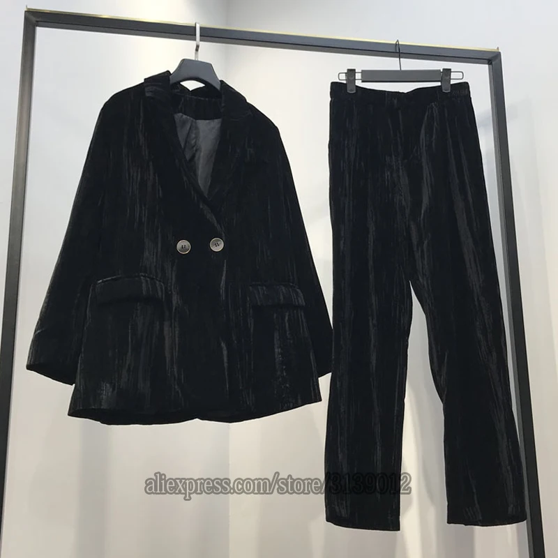 black set Зимний бархатный костюм, брючный костюм для женщин, комплект с блейзером, Garnitur Damski Traje Mujer, костюм, Tailleur Femme Pantalon Et Veste, элегантный - Цвет: black set