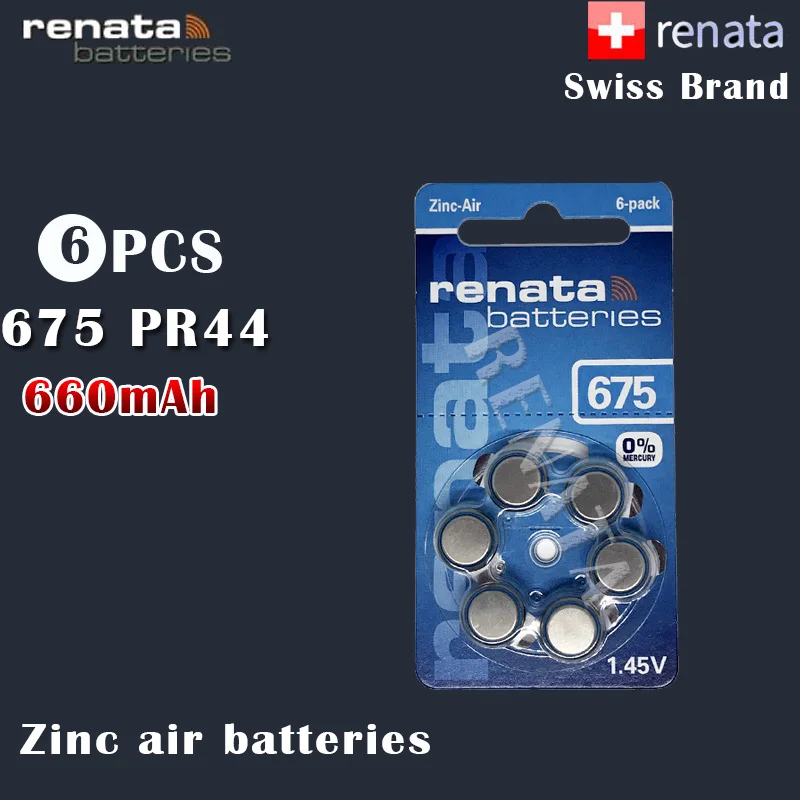 6 шт. цинковые батарейки Renata 675 1 45 в 660 мАч A675 PR44 P675 для слухового аппарата|Часовые