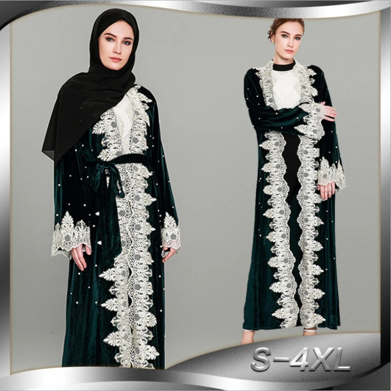 

Muslim Velvet Abaya Lace Maxi Dress Beading Cardigan Long Robe Tunic Silk Kimono Ramadan Islamic Prayer Clothing Worship Service