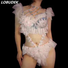 Пикантные блестящие стразы розовый цветок бикини Боди Наряд леди DJ певица одежда для сцены бар клуб вечерние танцы на шесте шоу костюм