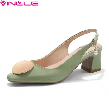 

VINLLE 2020 PU Shallow Elegant Women Pumps Pointed Toe Back Strap Summer Ladies Shoes Square High Heel Buckle Sandals Size 34-43