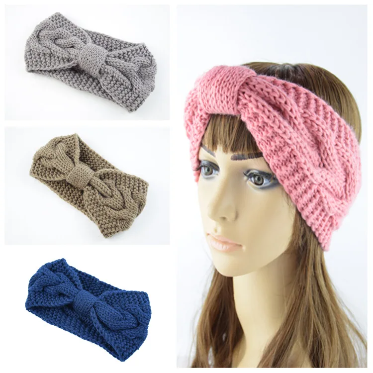 

Bow Twist Wide Hairbands Ladies Solid Winter Crochet Knitting Woolen Warm Stretch Headband Handmade Hair Accessories For Womens
