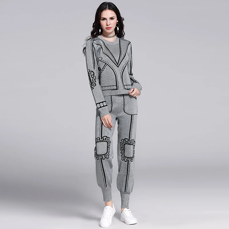 VERHELLEN модные дизайнерские костюмы для подиума осенний женский топ с длинными рукавами+ брюки комплект для женщин Дамская одежда комплект из двух предметов - Цвет: gray