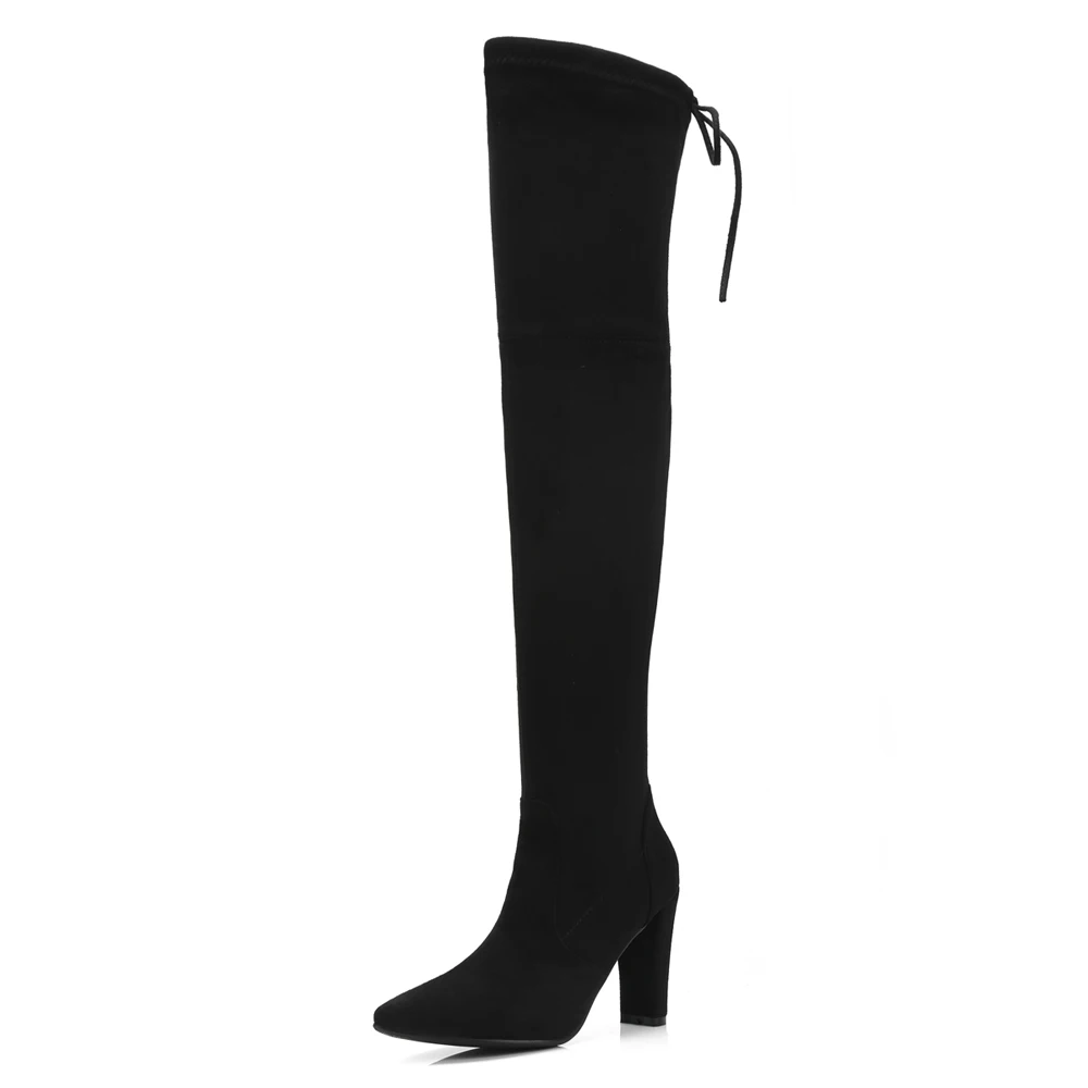 

Suede Pointed Toe Chunky Heel Stretch Boots Side Zipper Boot Tube Stretch Fabric High Heel Boots Dark Gray Over-The-Knee Boots