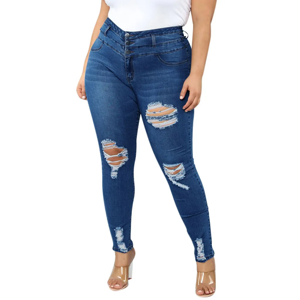 TELOTUNY мода плюс размер Jeans джинсы для женщин карман отверстие деним Кнопка молния сексуальные брюки Высокая талия женские джинсы 809 - Цвет: Blue