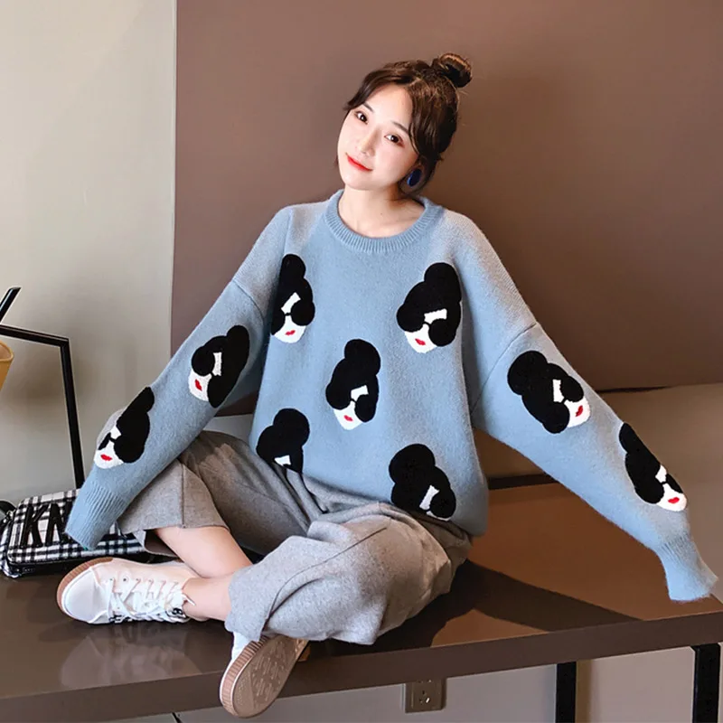 Light Blue Женский вязаный свитер с рисунком из мультфильма для девочек на осень и зиму, женские пуловеры с круглым вырезом и длинным рукавом, Свободные повседневные женские джемперы - Цвет: Light Blue
