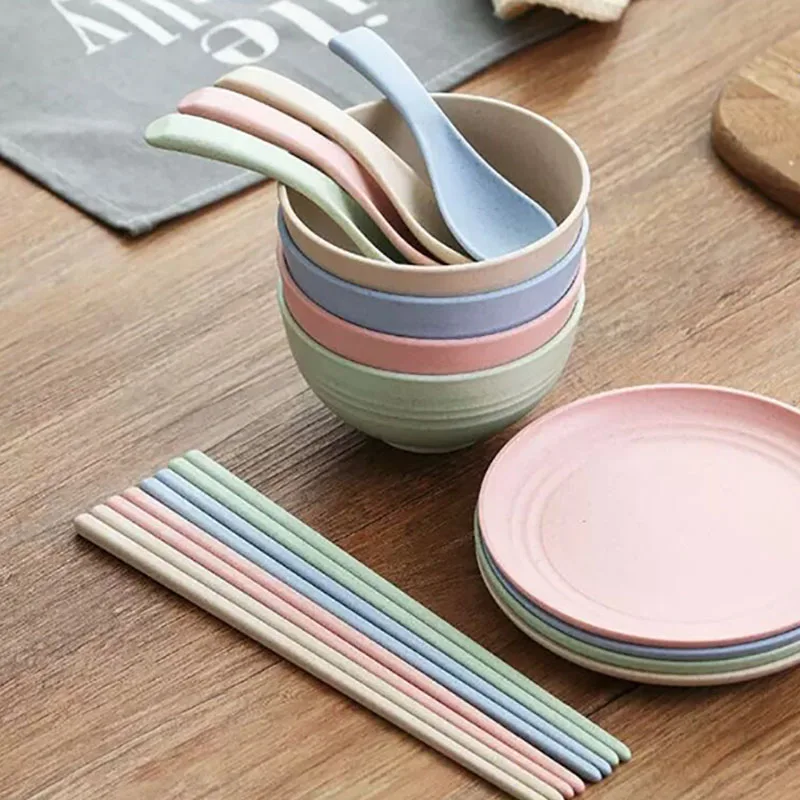 New Wheat Straw Children's Dinner Plate Set Grid Student Breakfast Home Bowl Spoon Cutlery Suit Square Dish Meal |