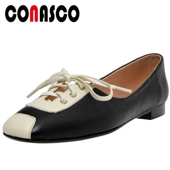 

CONASCO Casual Spring Summer New Genuine Leather Woman Pumps Cross-Tied Butterfly-Knot Mixed Colors Thick Heels Shoes Woman