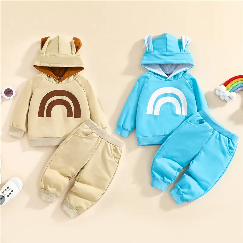 Baby Boys Two piece Clothes Sets Rainbow Printed Pattern Hooded