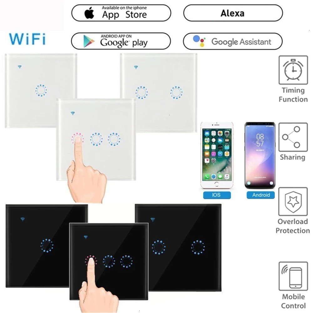 220V Wi Fi EU Стандартный сенсорный выключатель Умный светильник закаленное Стекло
