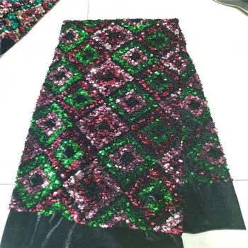 

2019 High Quality African Lace Fabric velvet green/pink French Net Embroidery Sequins Tulle Lace Fabric For Nigerian Party