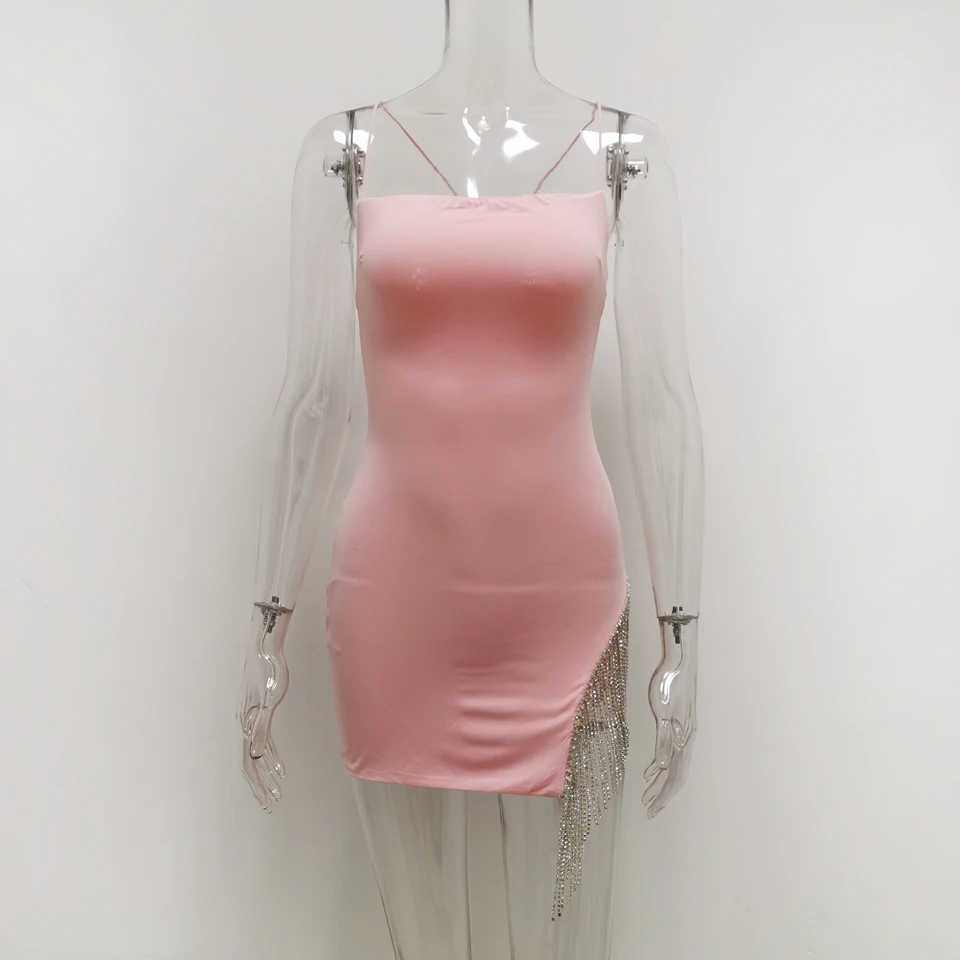 Karlofea женское сексуальное ночной клуб платье вечерние платья; элегантные; с кисточками; со стразами; с бриллиантами мини платье Шик крест с открытой спиной и ремнем, на день рождения, Vestidos - Цвет: Pink
