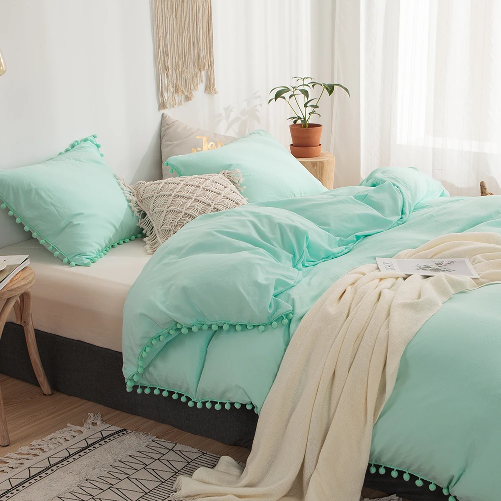 Turquois Bedding Set Aqua Blue Duvet Cover Pom Poms Shabby Chic Bed Soft Solid Color Linen Home Textile No Comforter | Дом и сад